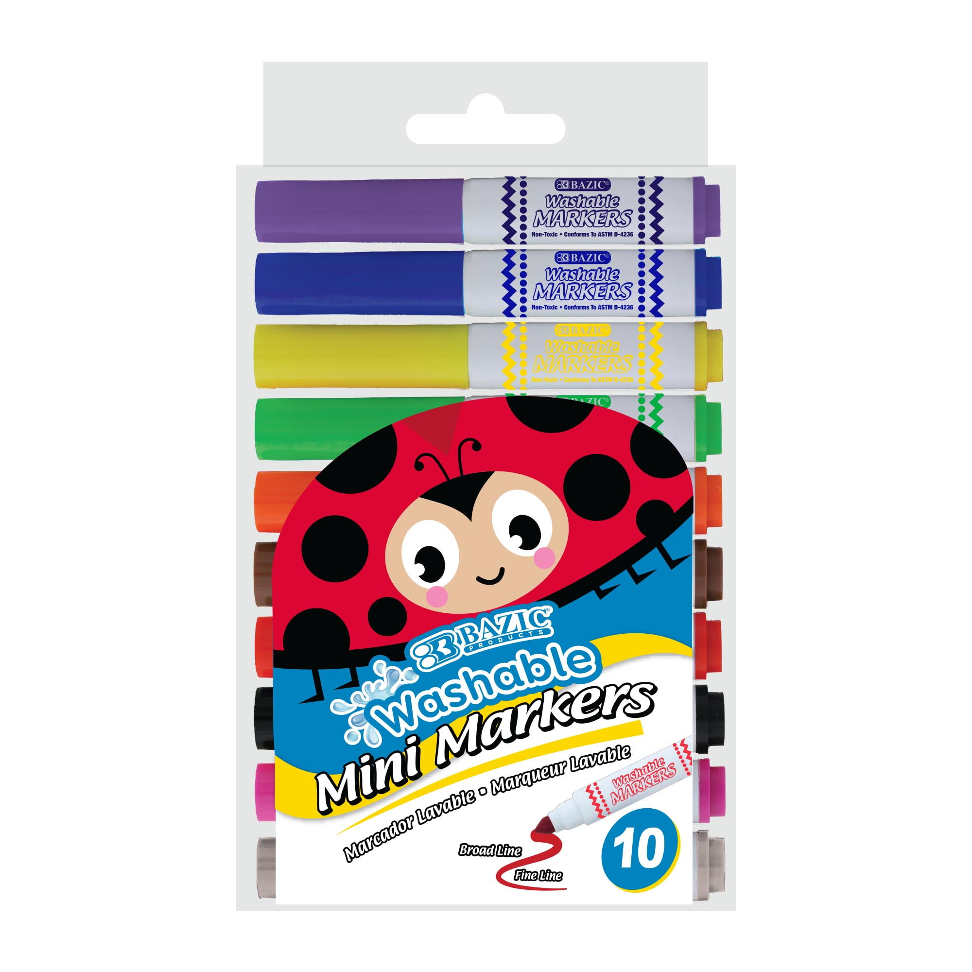 BAZIC Washable Markers 10 Color Mini Coloring Marker (10/Pack), 24