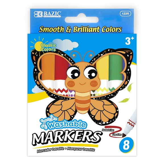 BAZIC 8 Colors Broad Line Jumbo Washable Markers [1225]