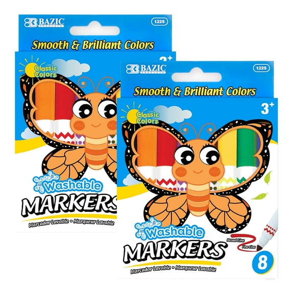 BAZIC Washable Markers 8 Color Jumbo Coloring Marker (8/Pack), 2-Packs