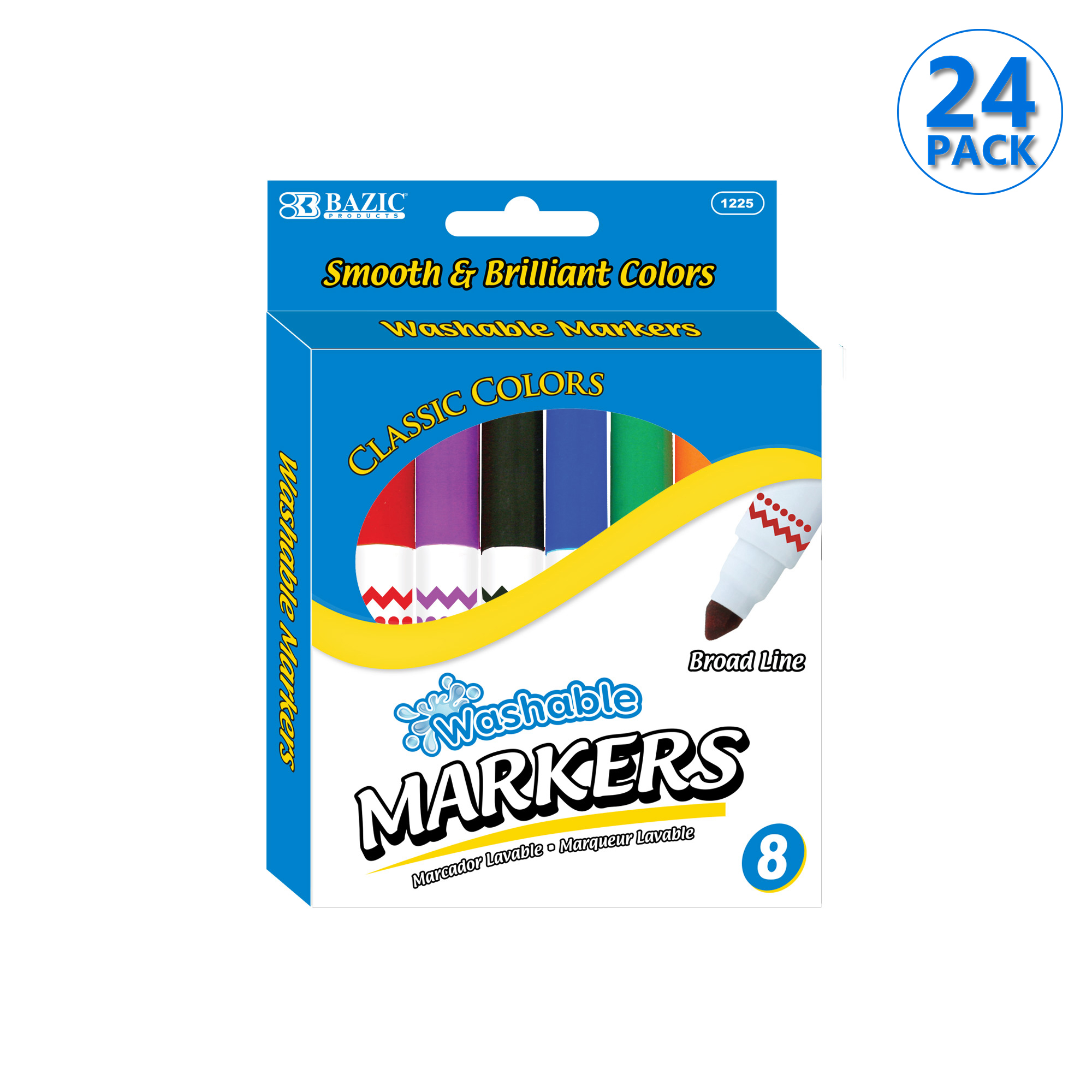 BAZIC Washable Markers 8 Color Jumbo Coloring Marker (8/Pack), 24Packs