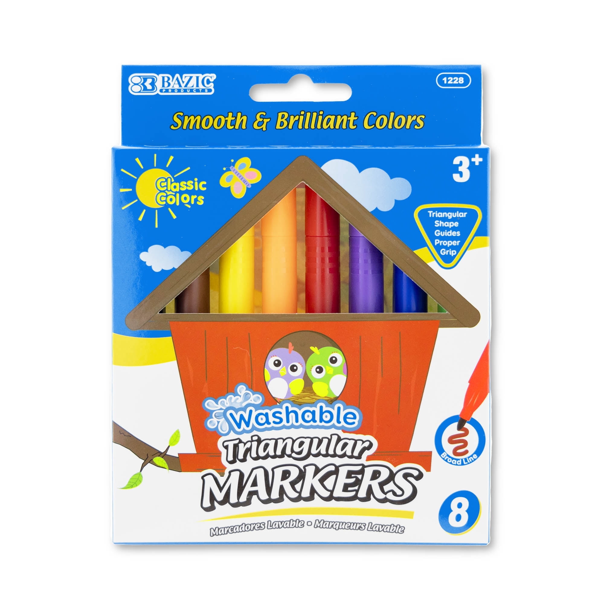 BAZIC Washable Markers 8 Color Triangle Jumbo Coloring Marker (8/Pack), 24-Packs