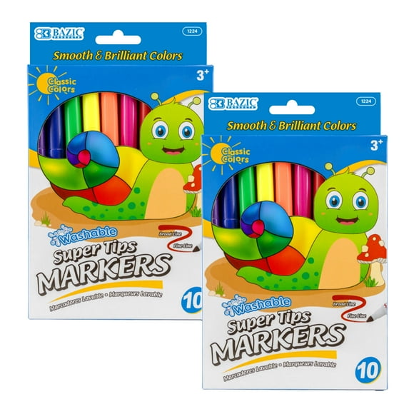 BAZIC Washable Markers Fine Line 10 Color Coloring Marker (10/Pack), 2-Packs