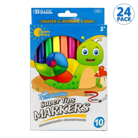 BAZIC Washable Markers Fine Line 10 Color Coloring Marker (10/Pack), 24-Packs
