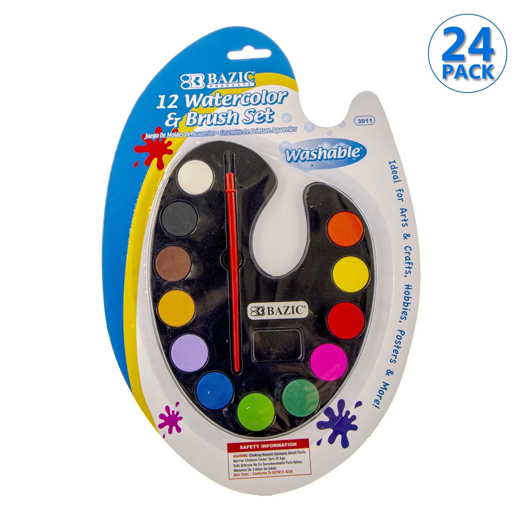 BAZIC Watercolor w/ Brush, 12 Colors Non-Toxic Paint Set, 24-Pack