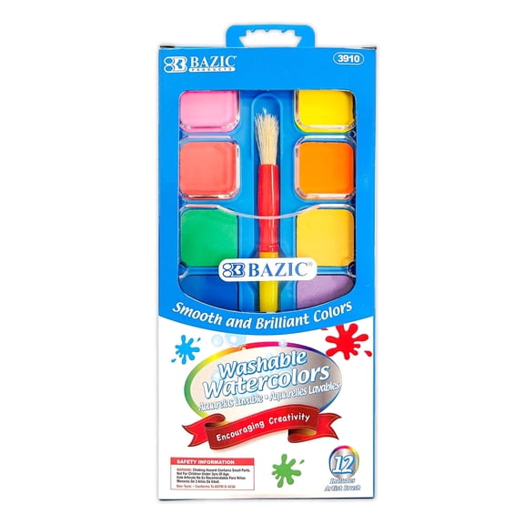 BAZIC 12-Color Watercolor Set with Brush & Palette