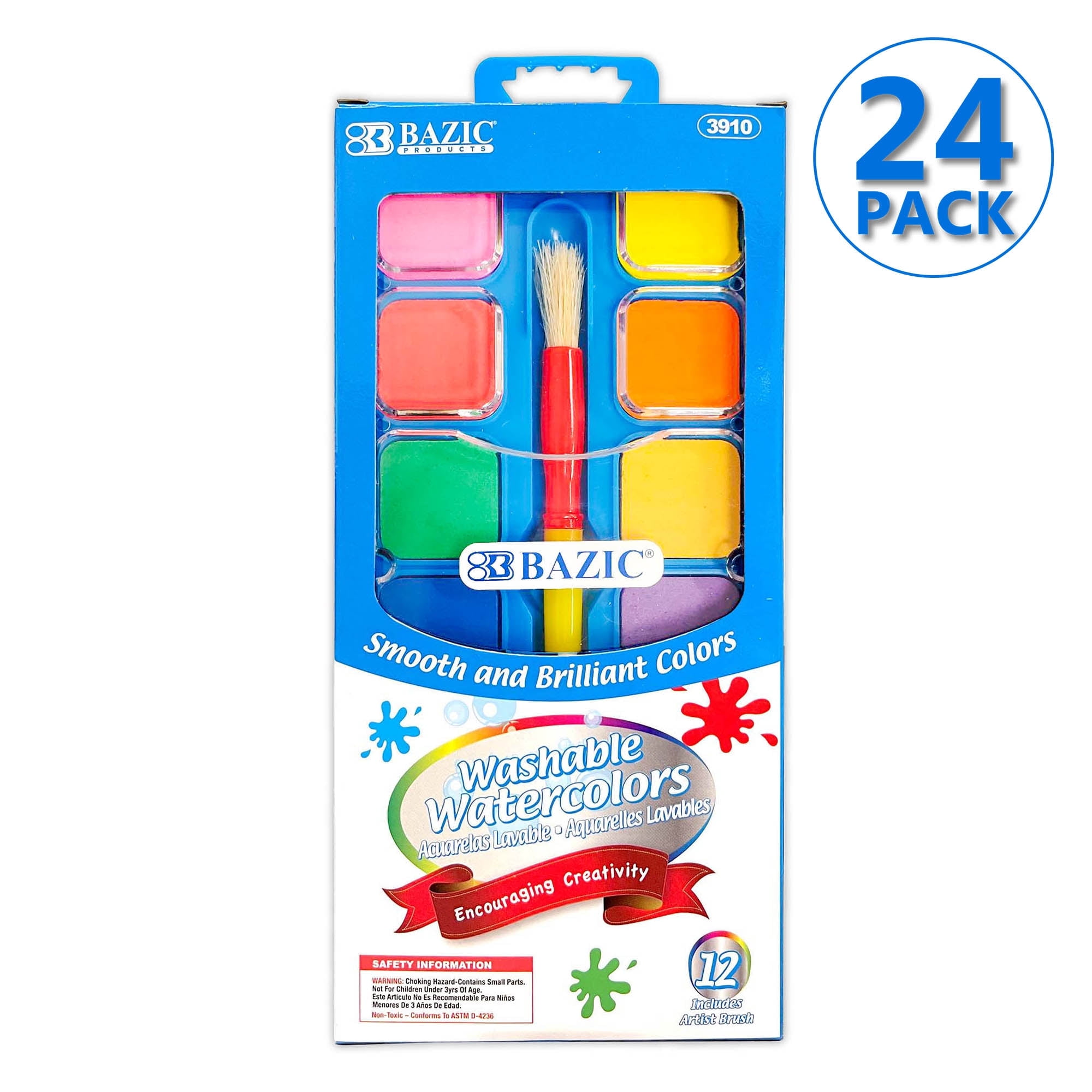 BAZIC Watercolor w/ Brush & Mixing Palette, 12 Color Non-Toxic, 24-Pack