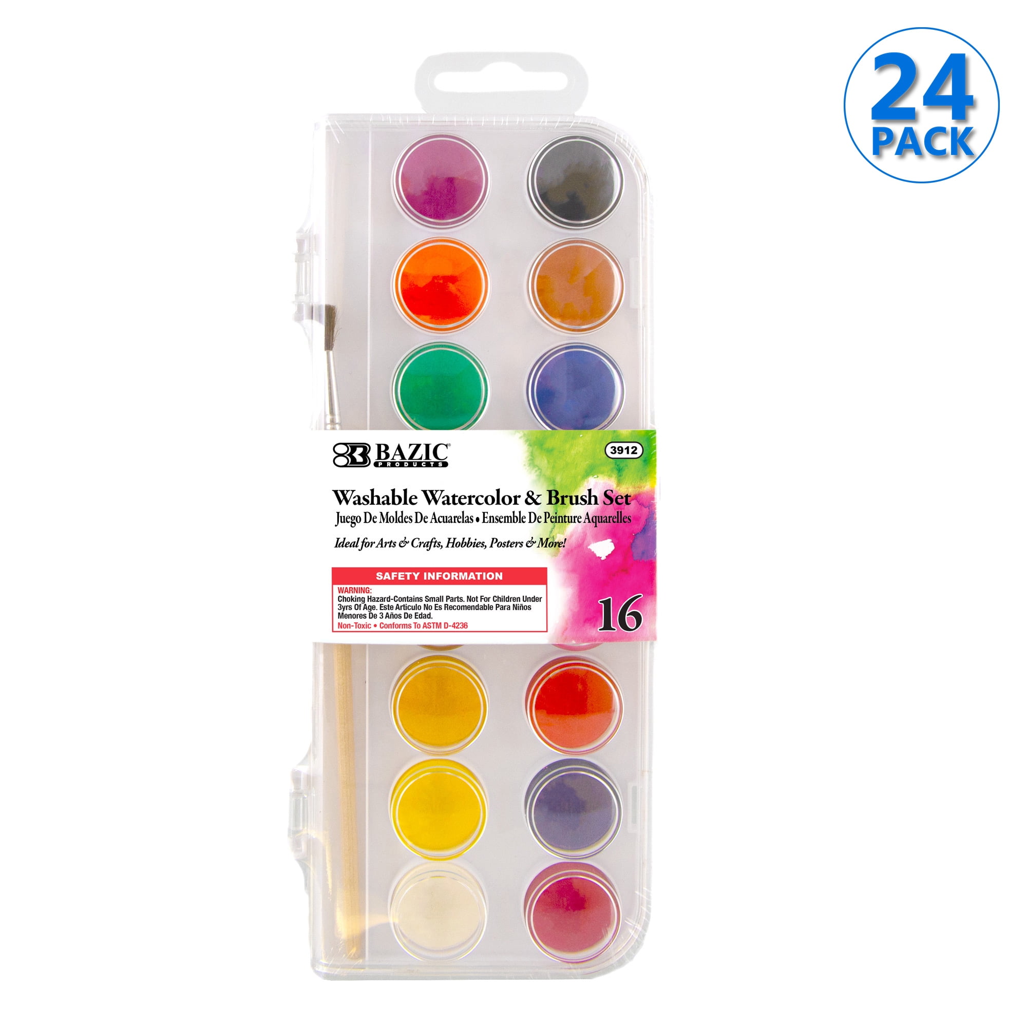 BAZIC Watercolor w/ Brush & Mixing Palette, 16 Color Non-Toxic, 24-Pack 