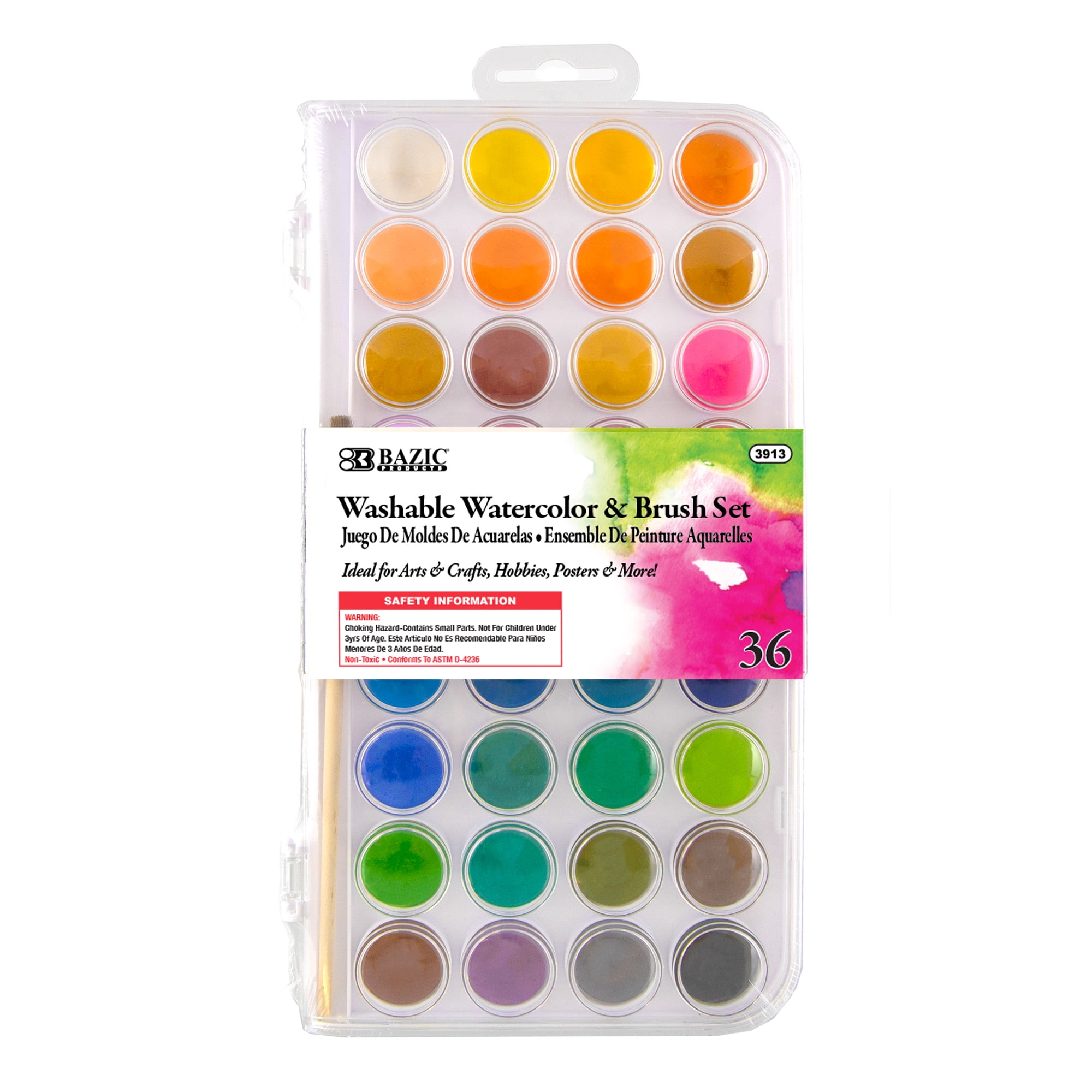 BAZIC Watercolor w/ Brush & Mixing Palette, 36 Color Non-Toxic, 12-Pack 