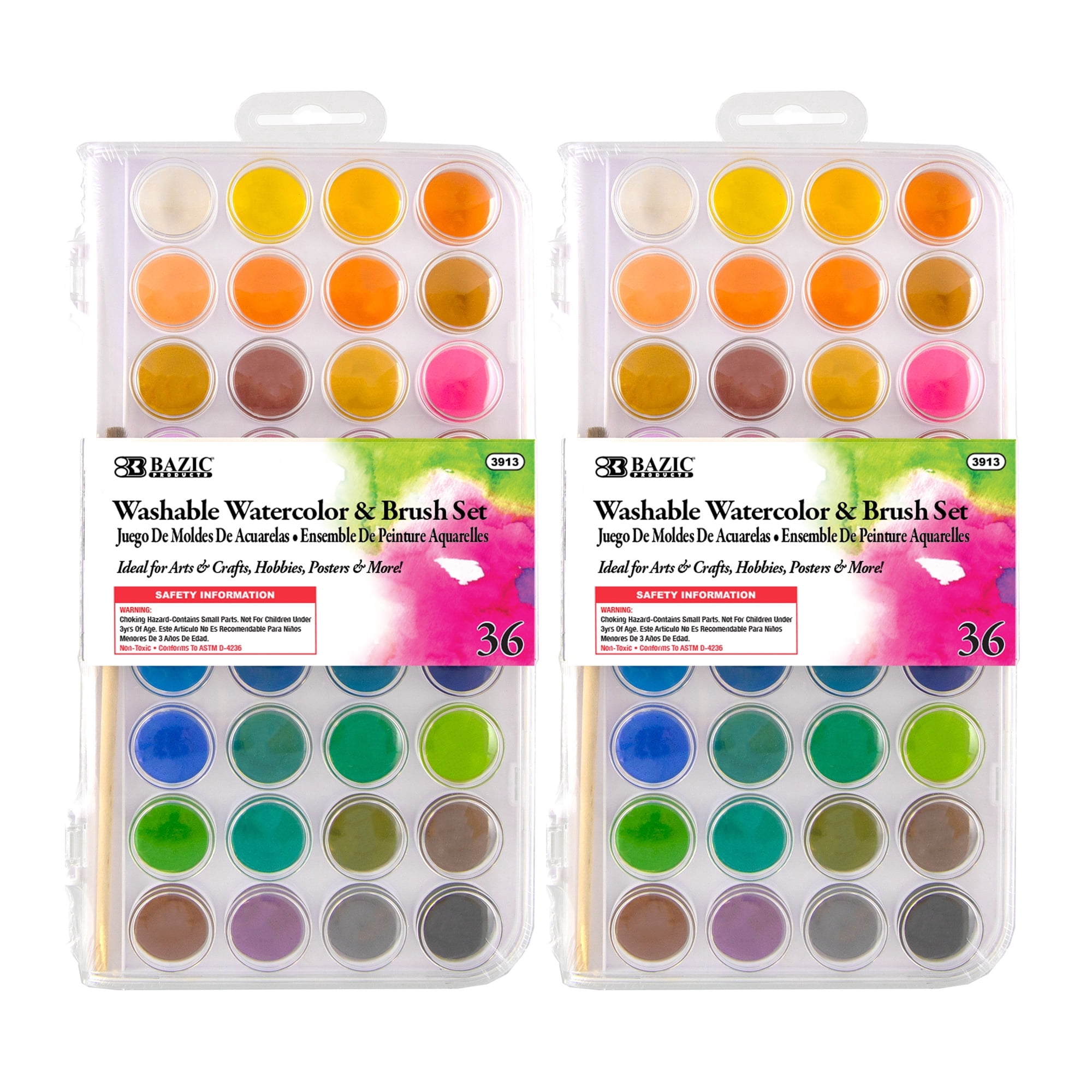 BAZIC Watercolor w/ Brush & Mixing Palette, 36 Color Non-Toxic Paint Set, 2-Pack