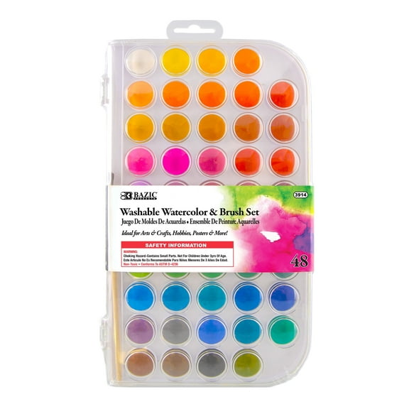BAZIC Watercolor w/ Brush & Mixing Palette, 48 Color Non-Toxic, 1-Pack