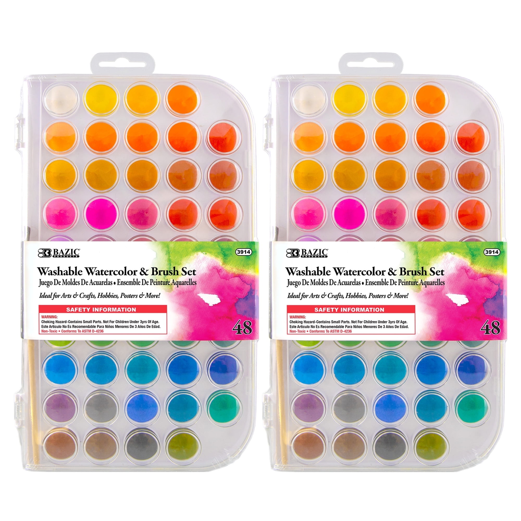 BAZIC Watercolor w/ Brush & Mixing Palette, 48 Color Non-Toxic Paint Set, 2-Pack