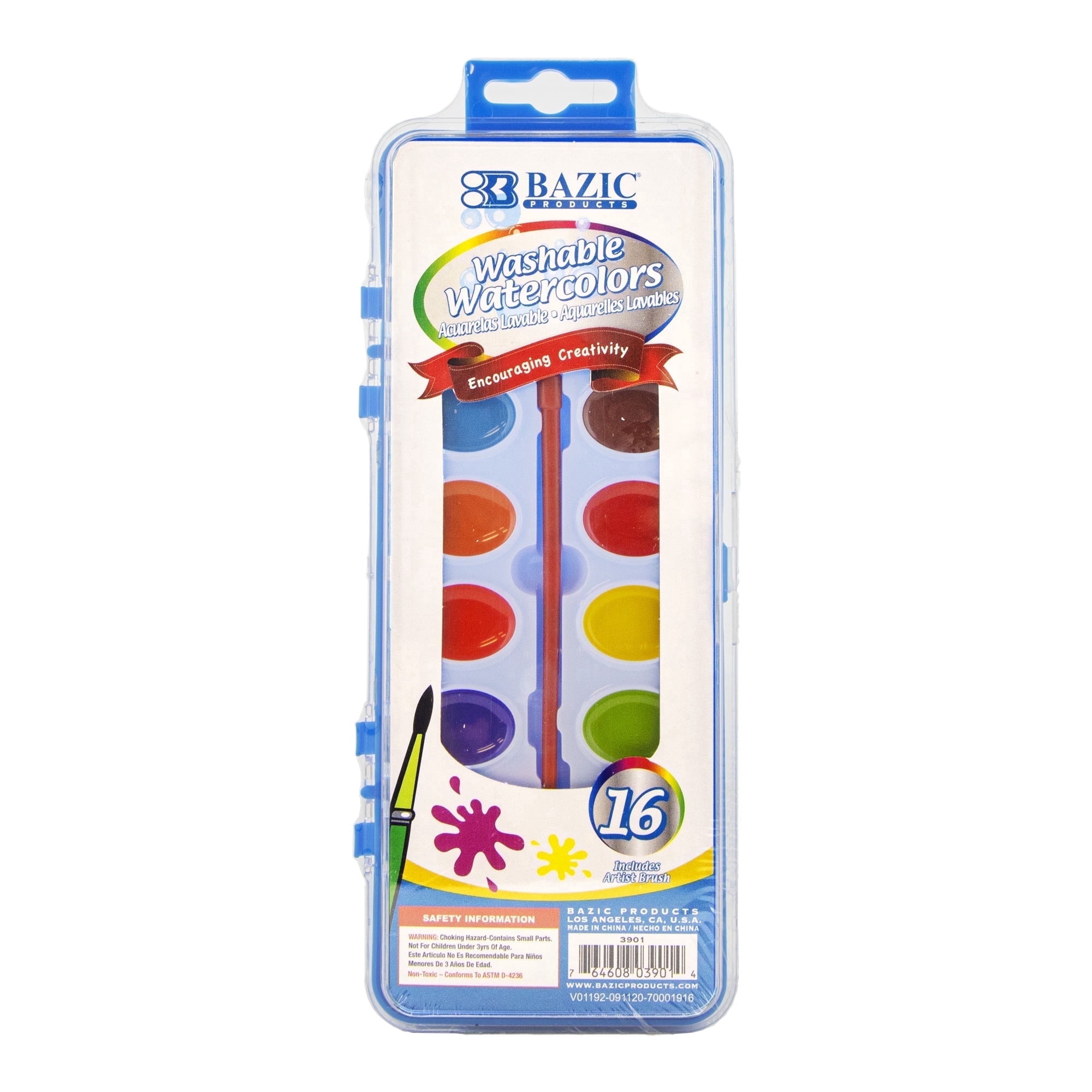 BAZIC Watercolor w/ Brush Semi Moist 16 Color, Non-Toxic Paint Set, 1-Pack