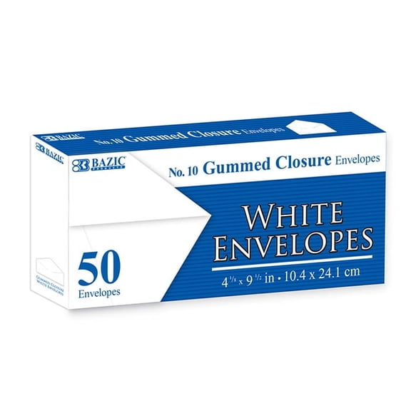 BAZIC White Envelope #10 Gummed Seal 4 1/8 x 9 1/2, Mailing Envelopes, 1200-Count