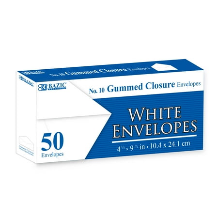 BAZIC White Envelope #10 Gummed Seal 4 1/8 x 9 1/2, Mailing Envelopes, 50-Count