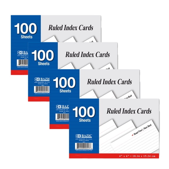 BAZIC White Ruled Index Cards, 4 x 6 in, for Study Notes Recipes, 4 Pack