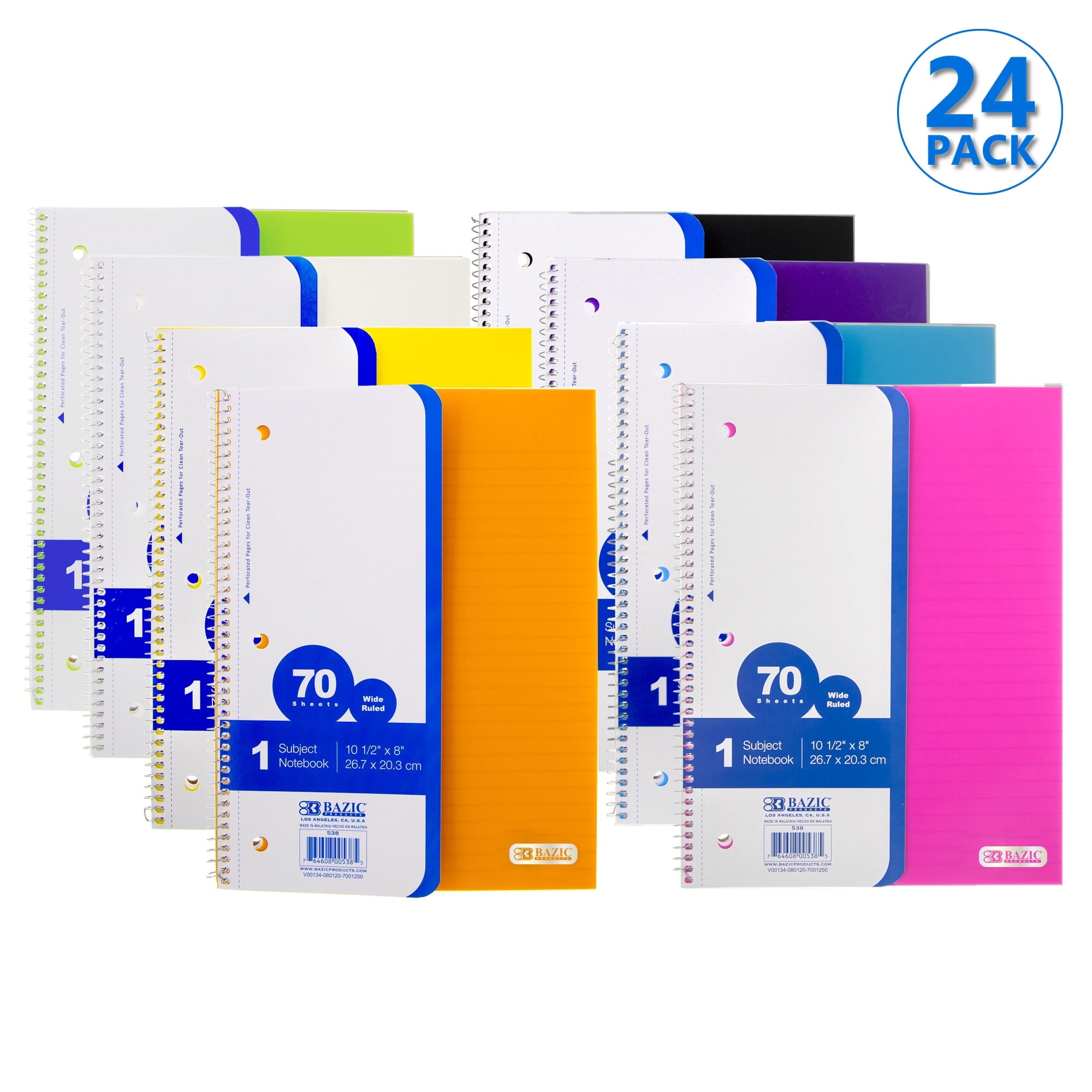 BAZIC Wide Ruled 1 Subject Poly Cover Spiral Notebooks 70 Sheets, Assorted Color, 24-Pack