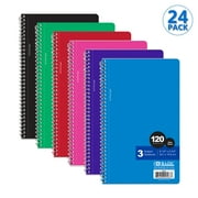 BAZIC Wide Ruled 3 Subject Spiral Notebooks 120 Sheets 9.5"x5.75", 24-Pack