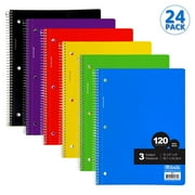 BAZIC Wide Ruled 3 Subject Spiral Notebooks 120 Sheets, Assorted Color, 24-Pack