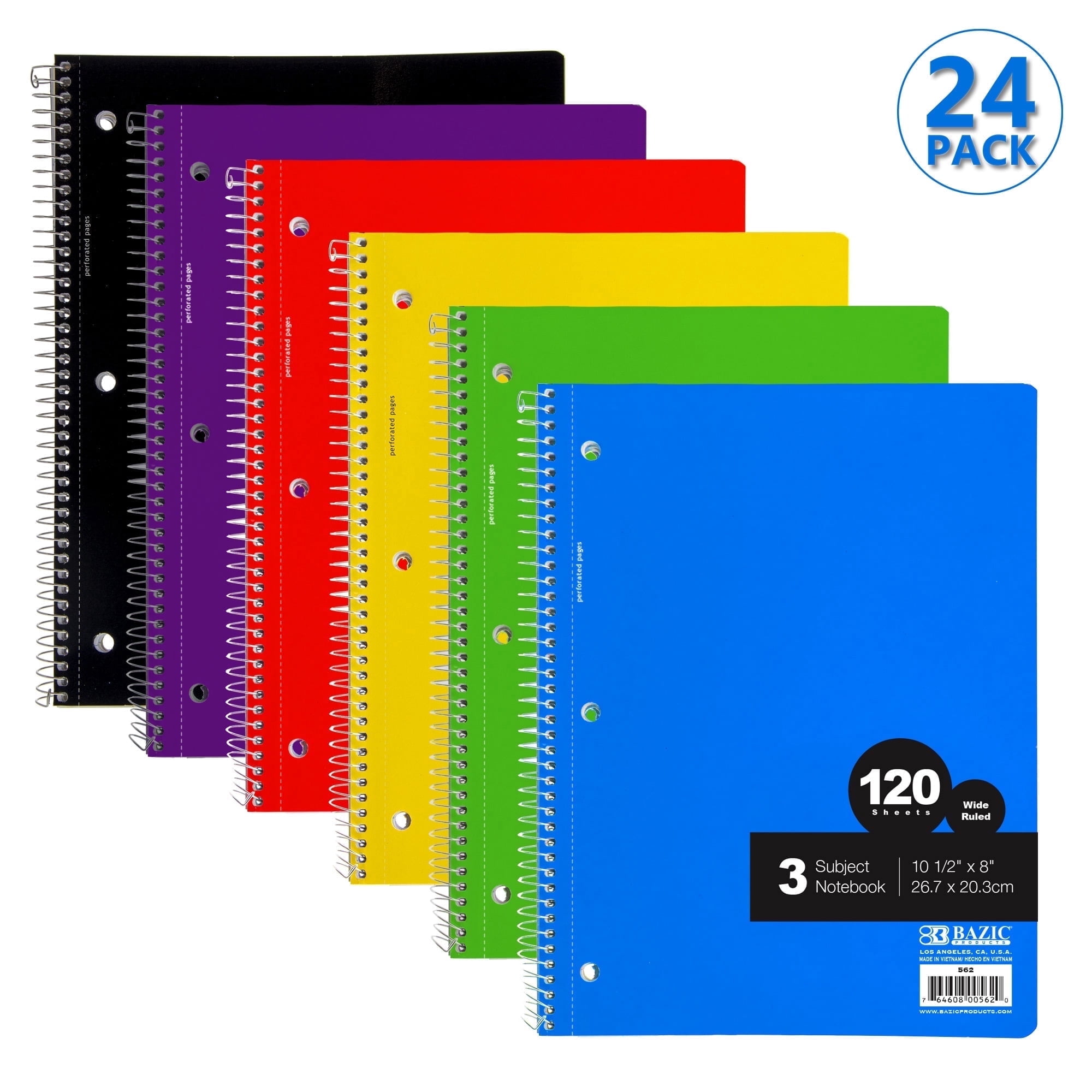 BAZIC Wide Ruled 3 Subject Spiral Notebooks 120 Sheets, Assorted Color, 24-Pack