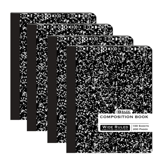 BAZIC Wide Ruled Composition Notebooks, 100 Sheets, Black Marble, 4 Pack