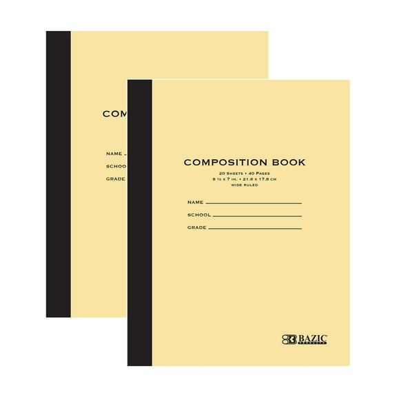 BAZIC Wide Ruled Composition Notebooks, 8.5"x7", Manila Cover, 20 Sheets, 2 Pack