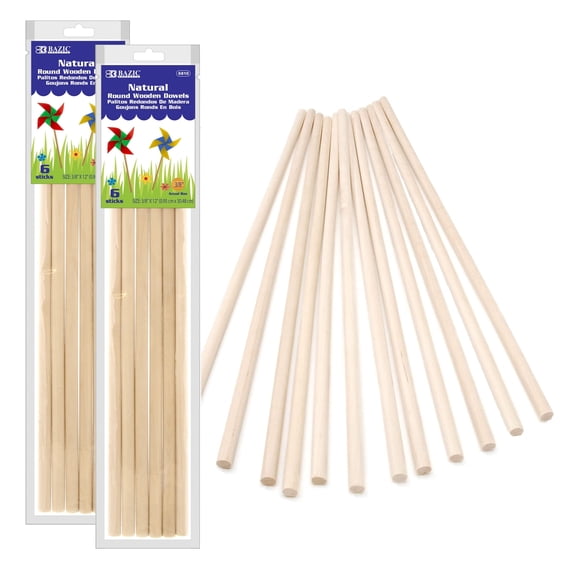 BAZIC Wooden Dowel Rods Wood Sticks, 3/8"x12" Natural Hardwood Stick, 12-Count