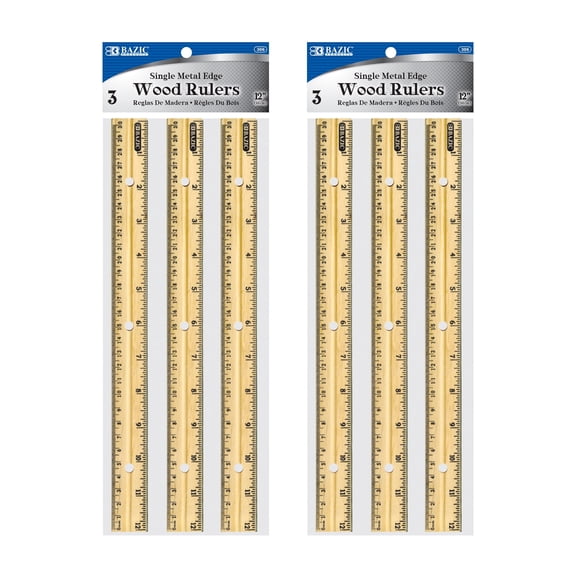 BAZIC Wooden Ruler 12" (30cm), Singel Metal Edge, (3/Pack), 2-Packs