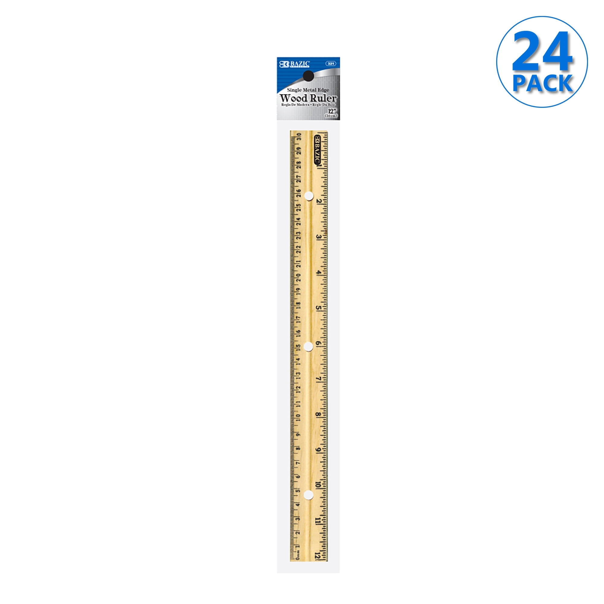 BAZIC Wooden Ruler 12" (30cm), Singel Metal Edge, School Supplies, 24-Pack