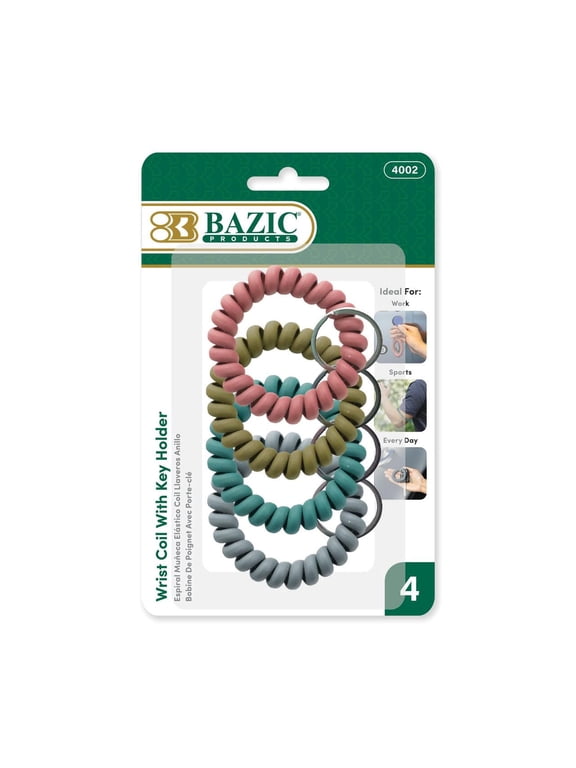 BAZIC Wrist Coil Keychains with Split Key Rings Assorted Colors 4 Pack