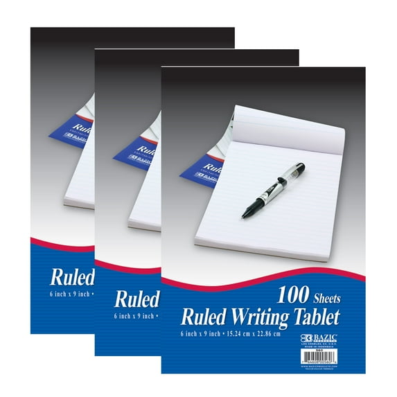 BAZIC Writing Pad 100 Sheets 6" X 9", Lined Ruled Memo Writing Notebook, 3-Pack