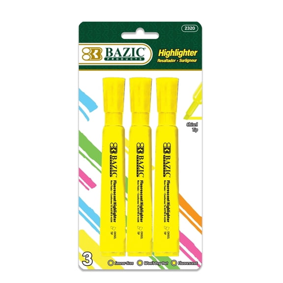 BAZIC Yellow Desk Style Highlighters, Chisel Tip, 3 Count