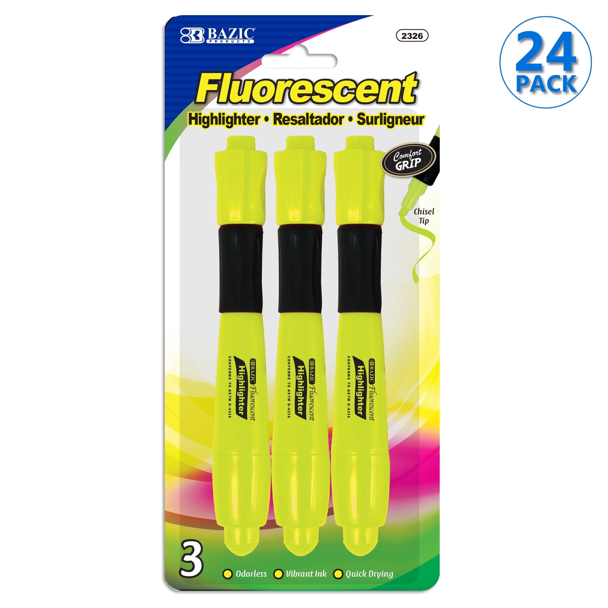 BAZIC Yellow Highlighter Desk Style Chisel Tip Marker (3/Pack), 24-Packs