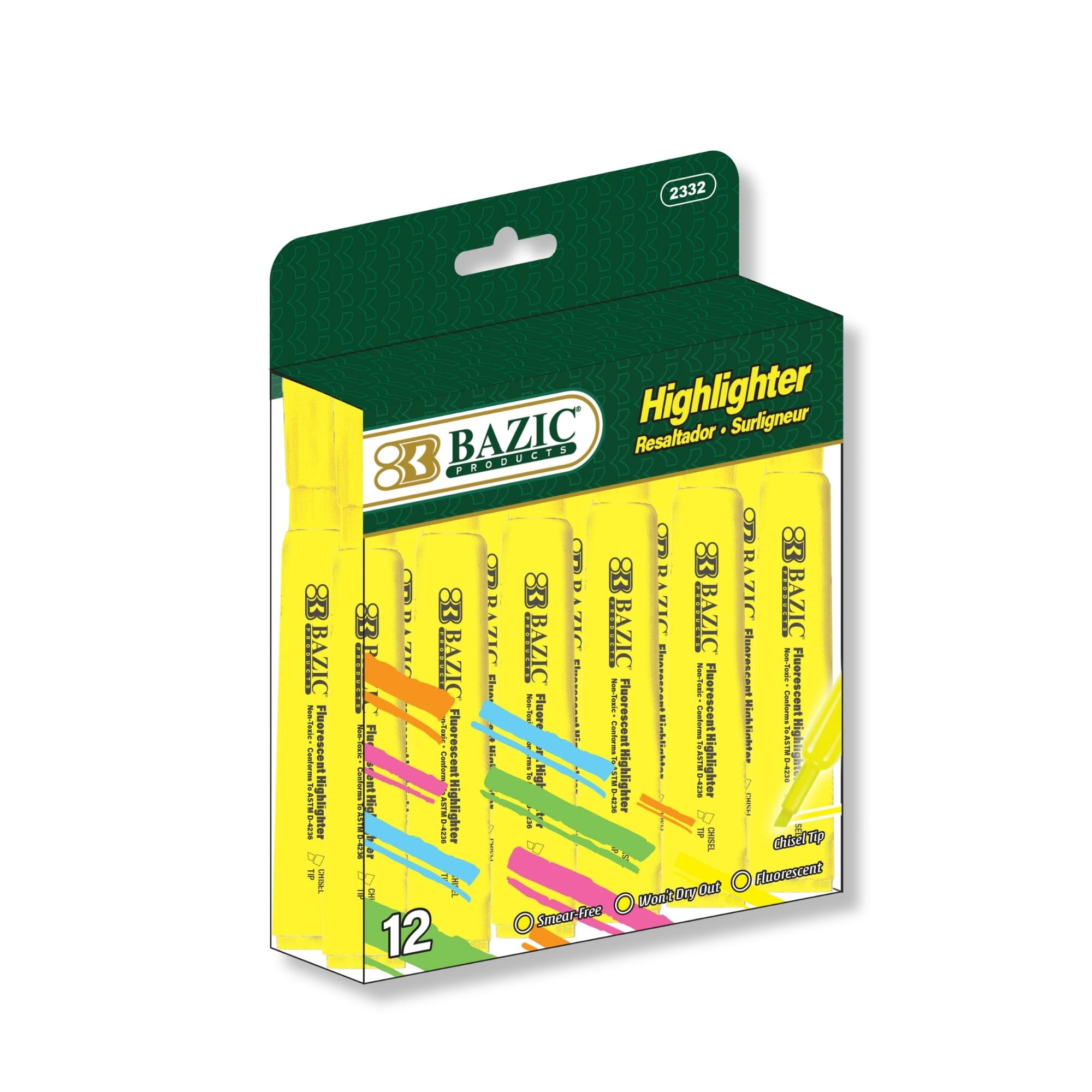 BAZIC Yellow Highlighter Desk Style Chisel Tip Unscented Marker, 144-Count