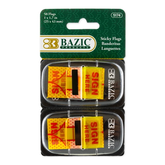 BAZIC Yellow Sign Here Flags w/ Dispenser, 25 Flags, 2 Dispensers