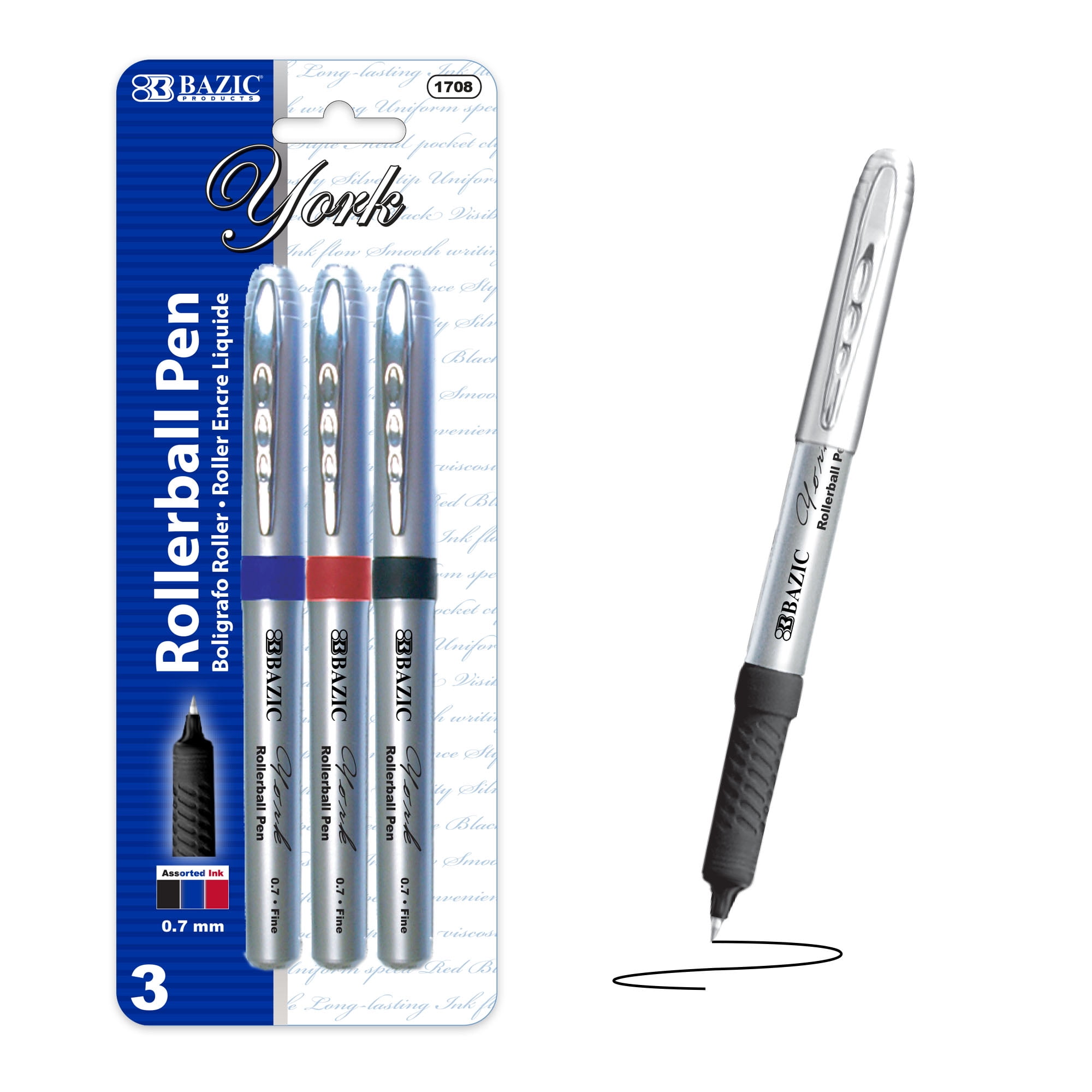 BAZIC York Assorted Color Rollerball Pen 0.7mm w/ Regulator, (3/Pack), 24-Pack