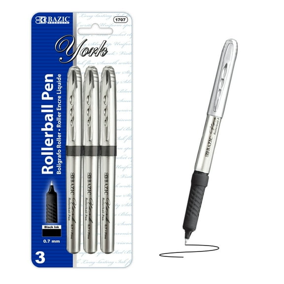 BAZIC York Black Rollerball Pens w/ Grip, 0.7mm Fine, 3 Count