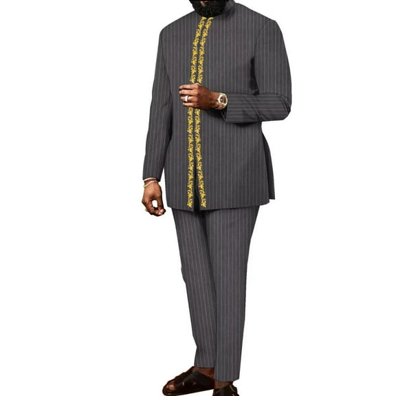 BAZINRICHE Africa Men Fit Fancy Top and Pant Set Strip Wedding Banquet Business Party Suit Outfit wynt115