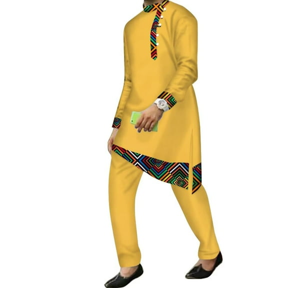 BAZINRICHE African Clothes for Men 2pcs Set Big and Tall Long Sleeve Shirt and Pants Dashiki African Mens Outfits