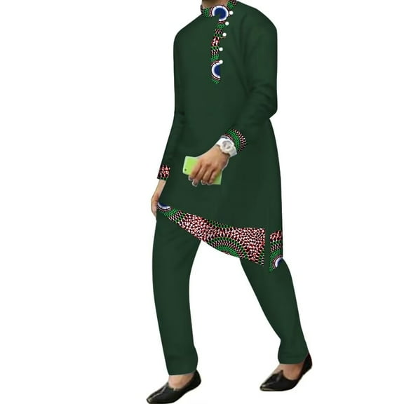 BAZINRICHE African Clothes for Men 2pcs Set Big and Tall Long Sleeve Shirt and Pants Dashiki African Mens Outfits