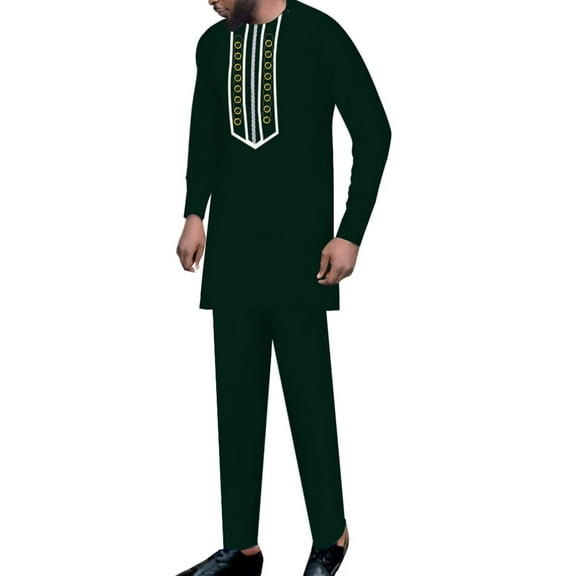BAZINRICHE African Clothing for Men Long Sleeve Shirt Pants 2 pcs Sets Embroidered Dashiki Outfit Casual African Suits