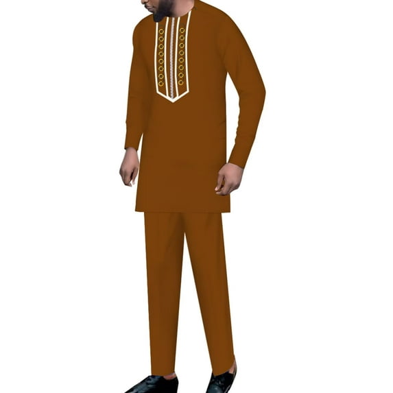 BAZINRICHE African Clothing for Men Long Sleeve Shirt Pants 2 pcs Sets Embroidered Dashiki Outfit Casual African Suits