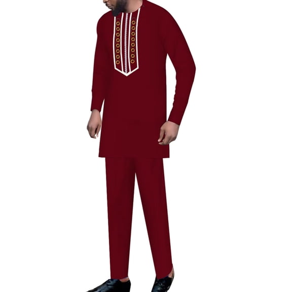 BAZINRICHE African Clothing for Men Long Sleeve Shirt Pants 2 pcs Sets Embroidered Dashiki Outfit Casual African Suits