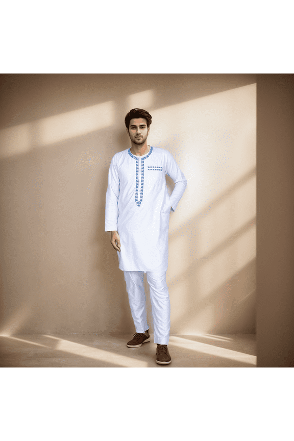 African Men Causal Kaftan Robe Long Sleeve Thobe Saudi Arabic Thobe for Men Round Neck