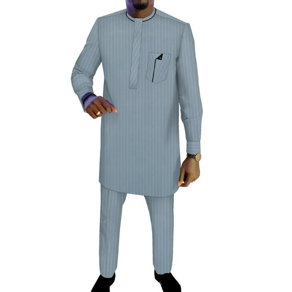 BAZINRICHE African Men Strip Fit Fancy Top and Pant Set Wedding Banquet Business Party Suit Outfit WYNT117