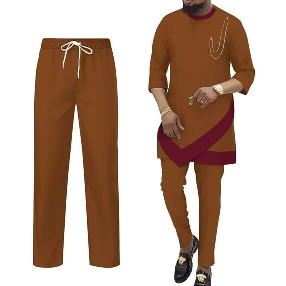 BAZINRICHE African Mens Clothing Dashiki 3/4 Sleeve Shirts Robe and Pants 2 Piece Set Tracksuit Outfits