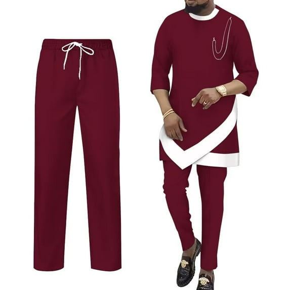 BAZINRICHE African Mens Clothing Dashiki 3/4 Sleeve Shirts Robe and Pants 2 Piece Set Tracksuit Outfits