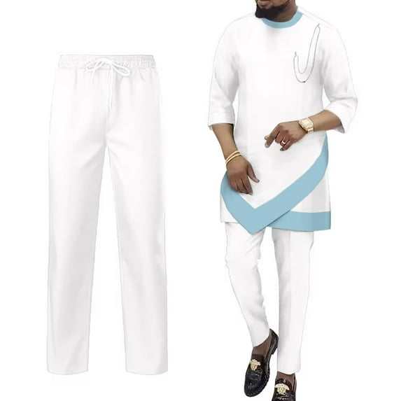 BAZINRICHE African Mens Clothing Dashiki 3/4 Sleeve Shirts Robe and Pants 2 Piece Set Tracksuit Outfits