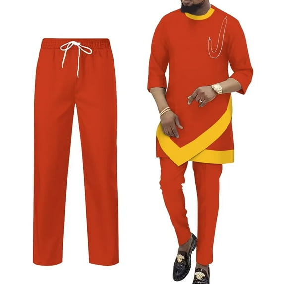 BAZINRICHE African Mens Clothing Dashiki 3/4 Sleeve Shirts Robe and Pants 2 Piece Set Tracksuit Outfits