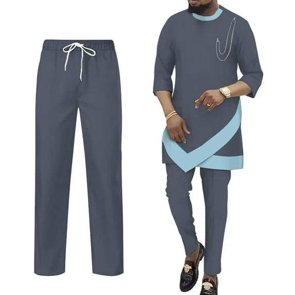 BAZINRICHE African Mens Clothing Dashiki 3/4 Sleeve Shirts Robe and Pants 2 Piece Set Tracksuit Outfits