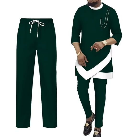 BAZINRICHE African Mens Clothing Dashiki 3/4 Sleeve Shirts Robe and Pants 2 Piece Set Tracksuit Outfits